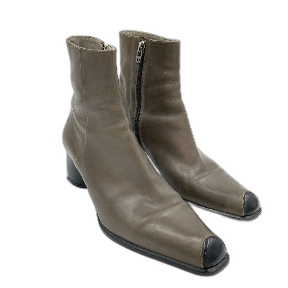 Bally Women 7 M Fay Leather Ankle Boots Olive Green Heel Booty Rare Luxury